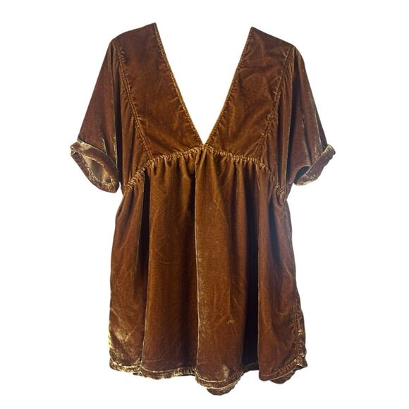 Free People Ivy Velvet Mini Dress Gold Rust XS Swing Flowy Cottage Boho Oversize - Picture 3 of 9